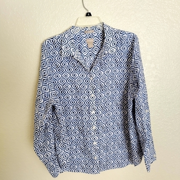 CHICO'S No-Iron Linen Diamond Ikat-Print Roll-Tab Sleeve Shirt sz 16/18 - Picture 2 of 10